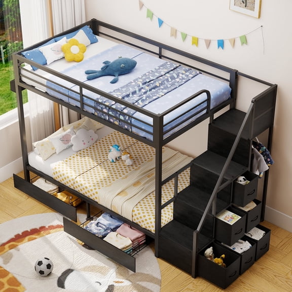 Anyhave Twin Over TwinBunk Bed with Stairs, 2 Storage Drawers and 6 Fabric Drawers, Hanging Organizers, Full-Length Guardrail, Black