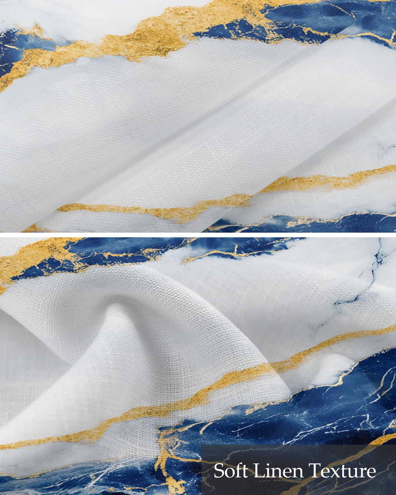 Marble Blue Kitchen Valances for Windows Farmhouse Linen Window Valance Curtain for Living Room Window Treatment Gold Foil Ceramic Style Cracks Scratches Valance Rod Pocket Topper Drape, 60 x 18 Inch
