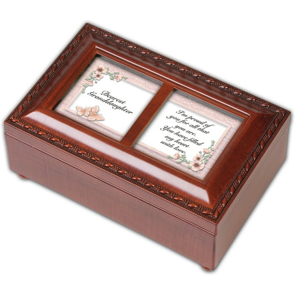 Cottage Garden Dearest Granddaughter Woodgrain Rope Trim Jewelry Music Box Plays You Light Up My Life
