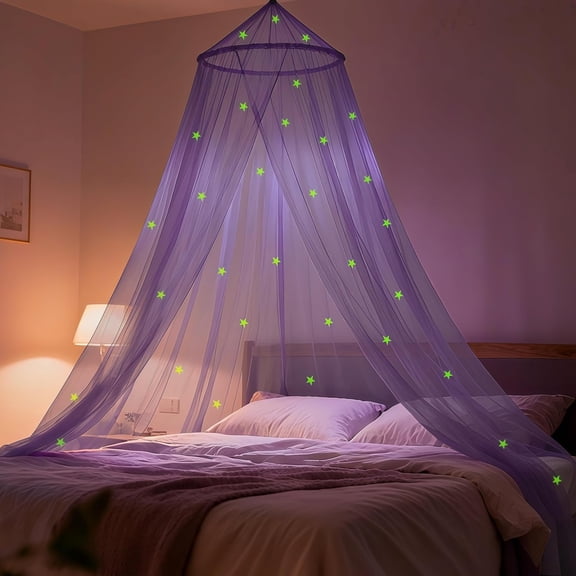 Bed Canopy for Girls with Glow-in-The-Dark Stars, Princess Canopy Curtains Fits Single, Twin, Full, Queen Size Bed, Bedroom Accessories, Ceiling Tent