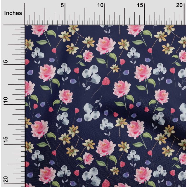 oneOone Cotton Silk Navy Blue Fabric Flower & Leaves Watercolor Sewing Craft Projects Fabric Prints By Yard 42 Inch Wide