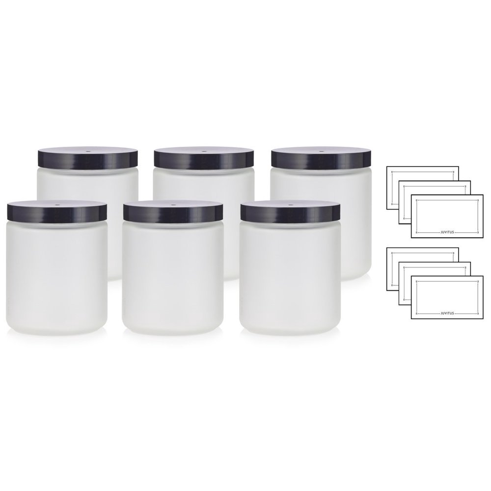 Large Clear Frosted Glass Straight Sided Jar with Black Lids 8 oz