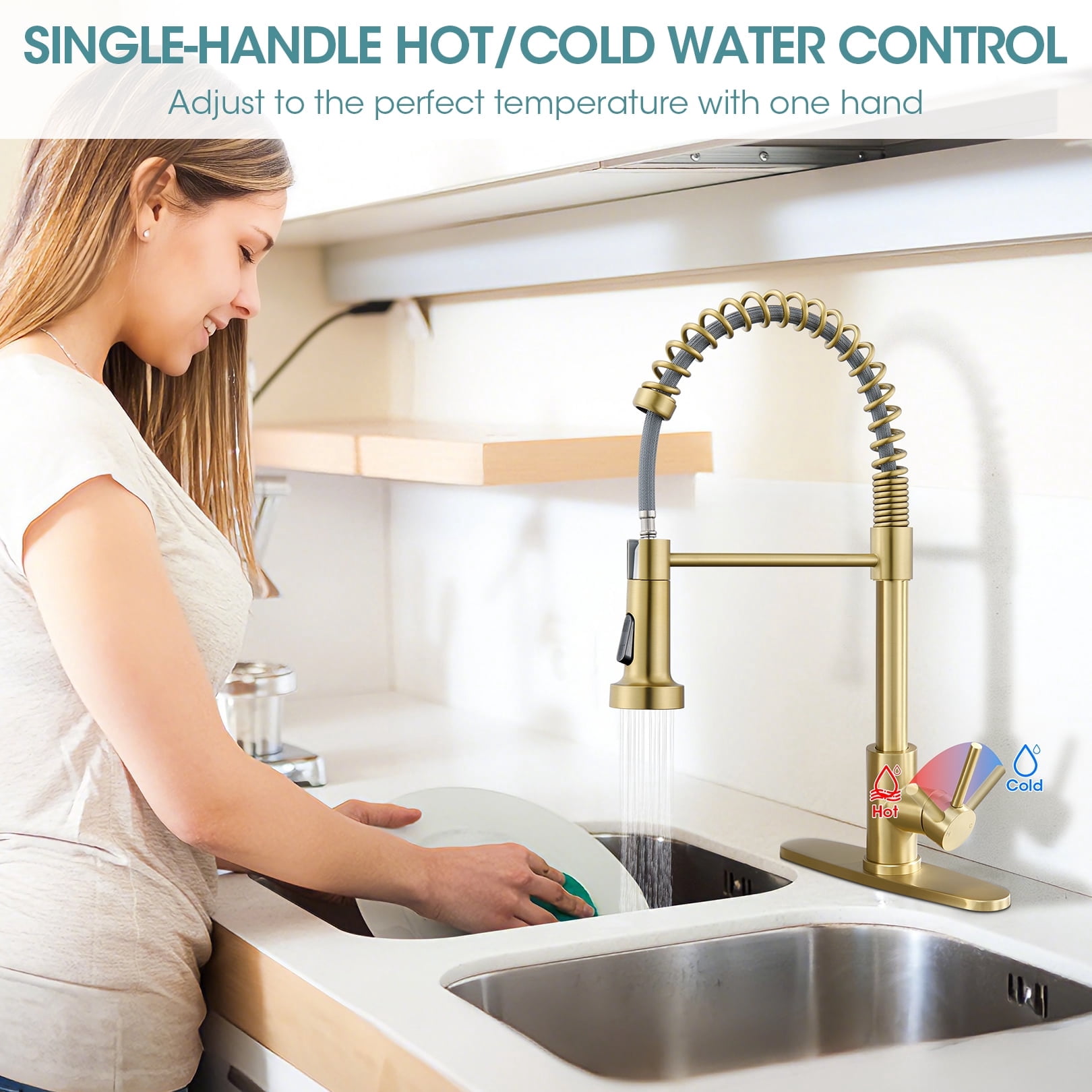 Wowkk Sanitary Ware 304 Stainless Steel Kitchen Faucet with Pull Out Sprayer, 2 Water Modes Single Handle Kitchen Sink Faucets with Deck Plate for Laundry Bar Patio Sink, Brushed Gold