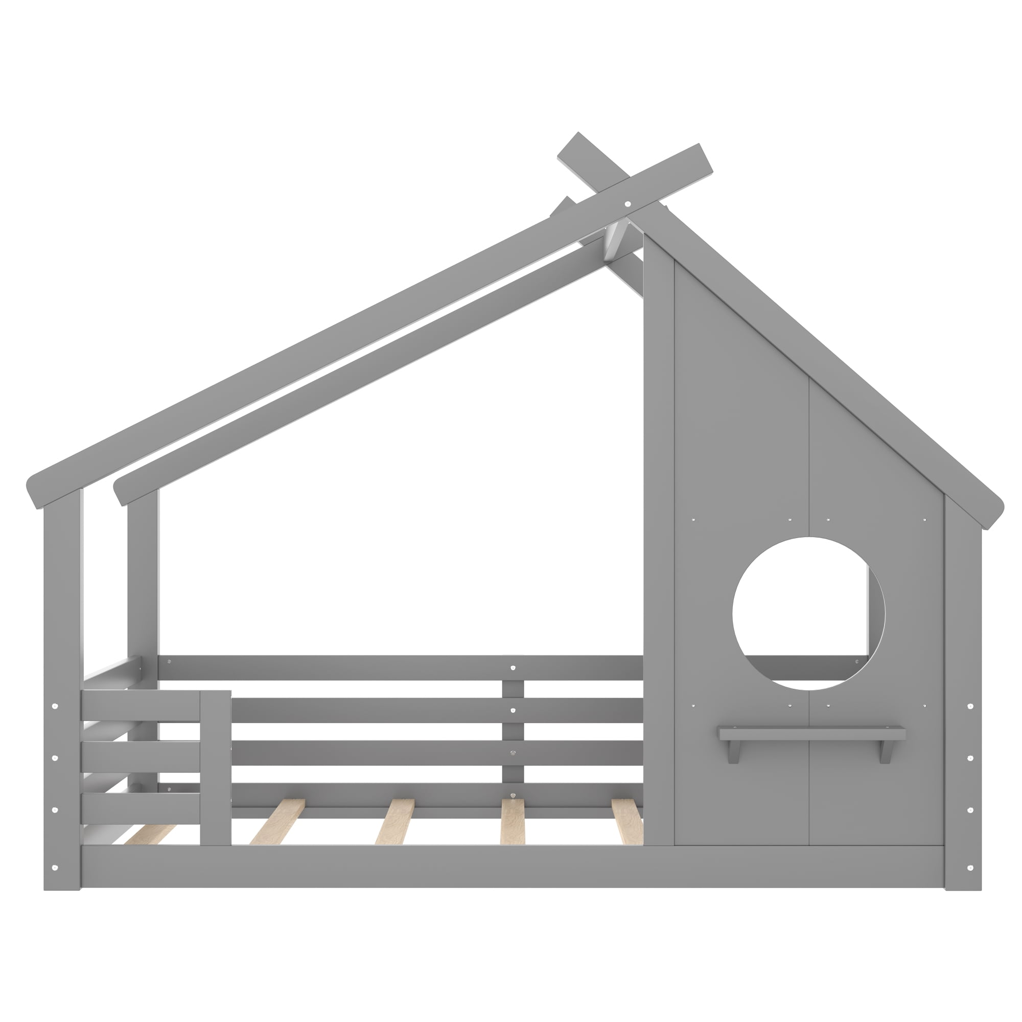 Jopath Full Size House Floor Bed with Window and a Small Shelf, Solid Wood Floor Bed with House-shaped Roof for Boys Girls Gray