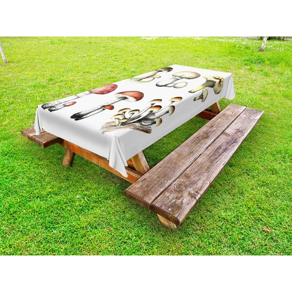 Mushroom Outdoor Tablecloth, Hand Drawn Fungus Pattern Amanita Muscaria Boletus Champignon Retro Illustration, Decorative Washable Fabric Picnic Tablecloth, 58 X 104 Inches, Multicolor, by Ambesonne