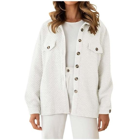 Usmixi Quilted Jacket for Women Casual Jacket for Women Long Sleeve Fall Lightweight Cotton Coat Casual Solid Lapel Button Down Loose Outerwear with Pocket Winter Quilted Jacket