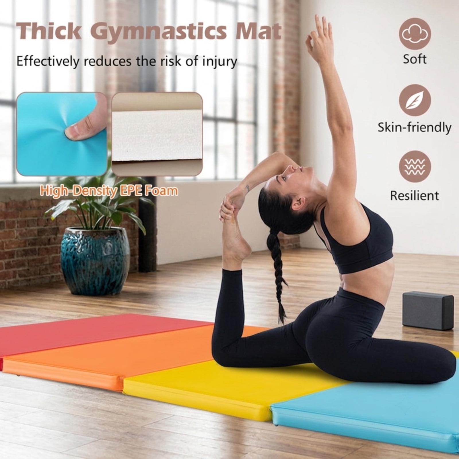 Airfind 5 Panel Folding Gymnastics Mat for Kids with Reinforced Carry Handles and Hook and Loop Fasteners for Home Tumbling and Yoga, Red