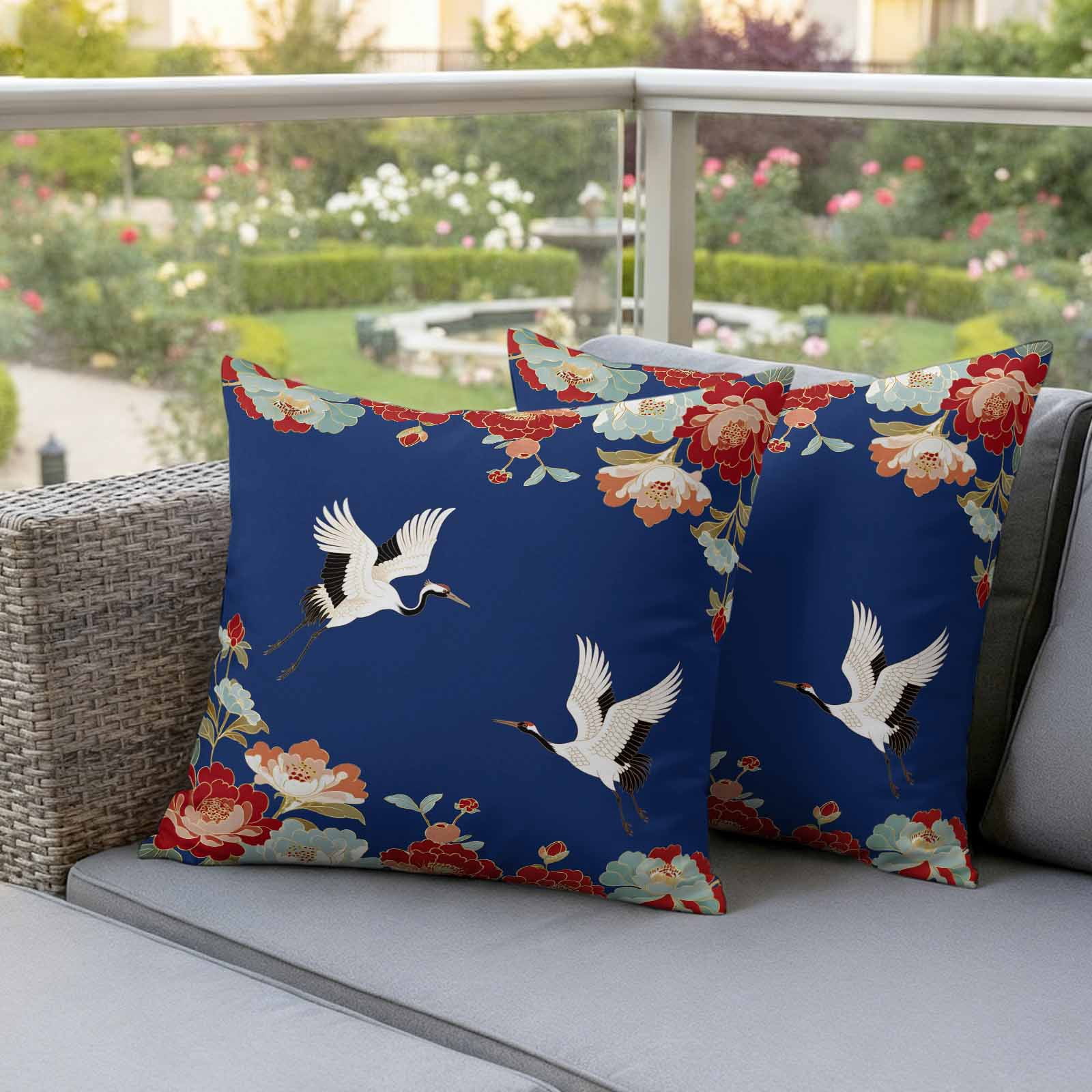 Pack of 2 Blue Crane Outdoor Pillow Covers Decorative, Waterproof Pillow Protector, Vintage Red Teal Spring Floral Botanical Throw Pillowcases Accent Cushion Cases for Patio Couch Sofa 18"x18"