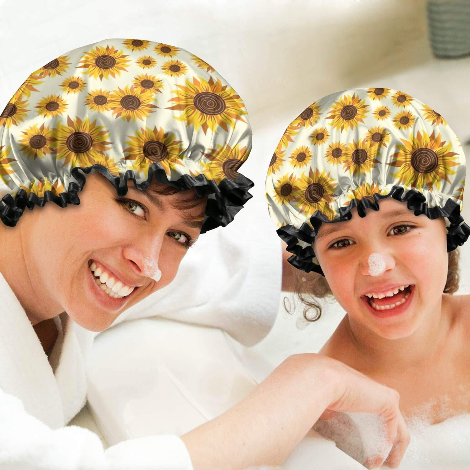 Shower Caps,Yellow Brown Sunflower Pattern Waterproof Shower Cap for Women 4 Pieces,Double Reusable Hair Cover for Shower PEVA Elastic Stretch Hem