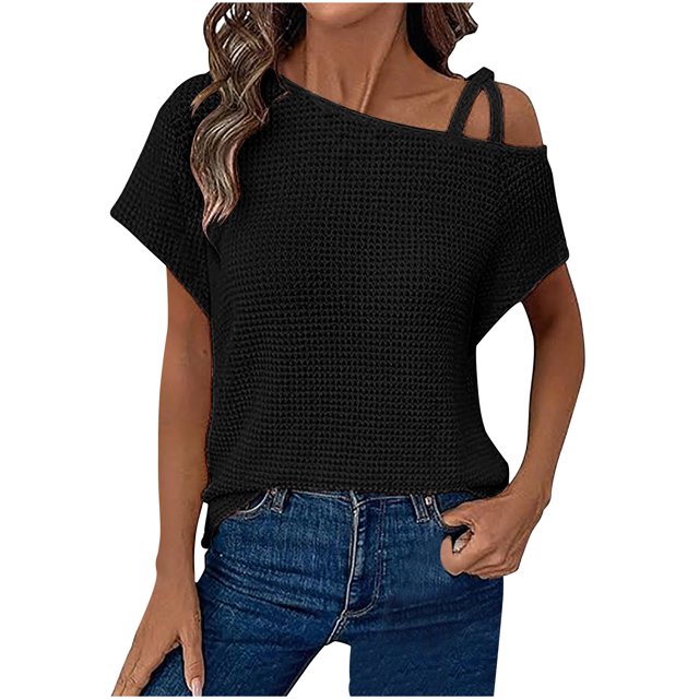 Dealovy Summer Tops for Women Cold 1 Shoulder Short Sleeve Textured Loose Solid Color Casual Tunic Shirts