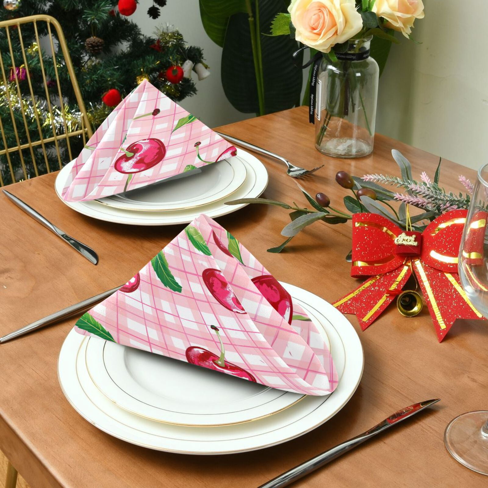 JSTEL Cherry Grid Buffalo Cloth Napkins Set of 6, 20x20 Inch Washable and Reusable Napkin for Decoupage Dinner Party Everyday Use