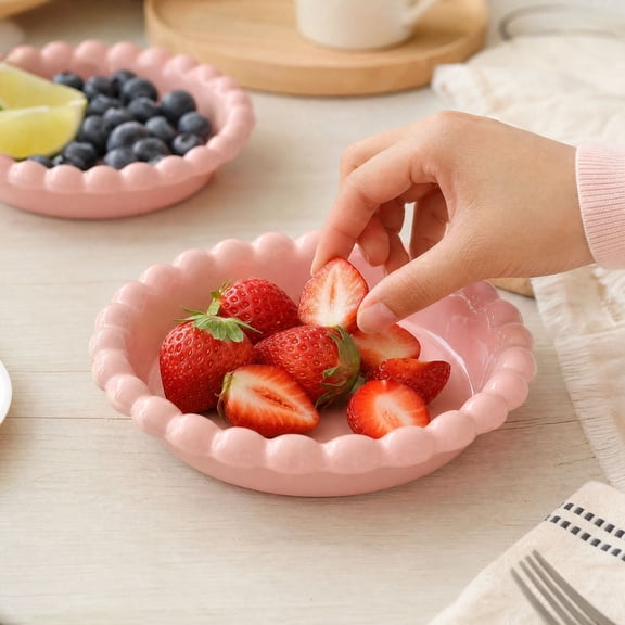 Snmubt Scalloped Dinner Plate, Pink Plastic Wave Rim Serving Dish with Stackable Design, Dessert Plate for Cake, Fruit, Snacks and Parties