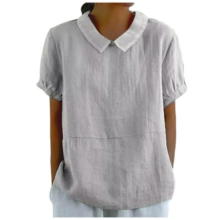 Lixiuxyad Women Tops Summer Women s Retro Fashion Solid Color Loose Casual Turndown Neck Shirt Short Sleeved T Shirt Tops Gray S