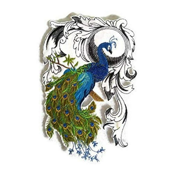 Peacock Flourish Embroidered Iron on/Sew Patch [6.87" X 4.62"]