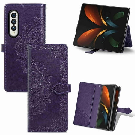 Dteck Samsung Galaxy Z Fold 3 Case, Flower Wallet PU Leather Card Phone Leather Case for Samsung Z Fold 3 (7.6"), Shockproof 360 Full Protection Fold 3 5G Shell Cover(Purple)