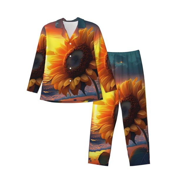Fotbe Sunset Coast Sunflower Pijama de Hombre con Estampado de Manga Larga, Conjunto de 2 Piezas, Ropa de Dormir Suave y Cómoda con Bolsillos-XX-Large