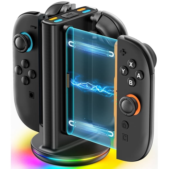 Switch 2 Joy Con Charger with Magnetic & Bi-Directional Design, Switch 2 Controller Charger with 9 RGB Lighting, 4 in 1 Joy Con 2 Charging Dock Station Stand
