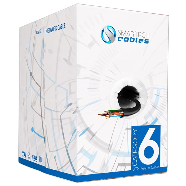 Smartech Cables Cat6 Plenum Cable 1000ft - Premium Black Plenum Rated Wire (CMP) - UTP, 23 Awg, 550 MHz cat 6 ethernet Cable Bulk - 10 GB High-Speed Data Transfer for Smooth Streaming & Gaming
