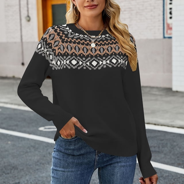 EGNMCR Chandails pour Femmes Mode Décontractée Rétro Impression Contrastée Tricot Manches Longues Col Rond Chandail, Cadeaux pour Femmes