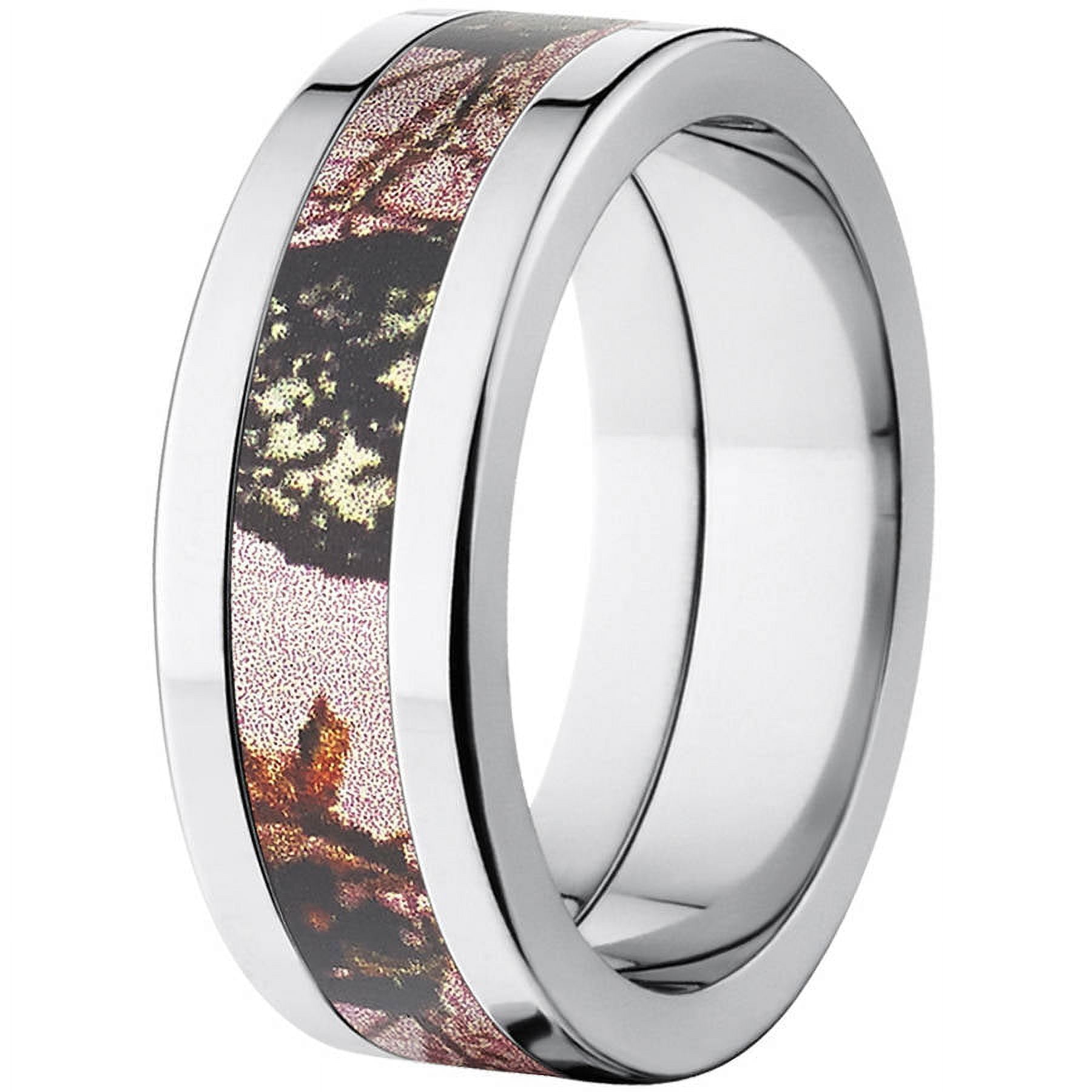 Pink Break Up Women's Camo 8mm Stainless Steel Wedding Band with Polished Edges and Deluxe Comfort Fit