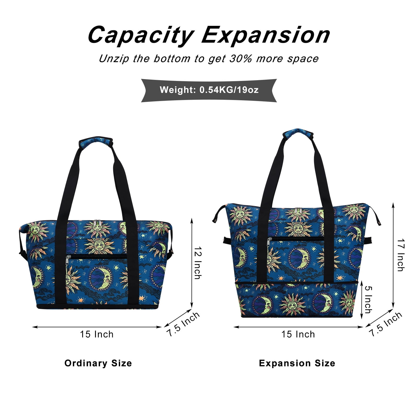 HAWEE Expandable Duffel Bag for Women with Trolley Sleeve and Wet Pocket Water Repellent Weekender Travel Tote Large Capacity Carry On Overnight Luggage for Gym/ Trip/ Camping/ Beach, Sun and Moon