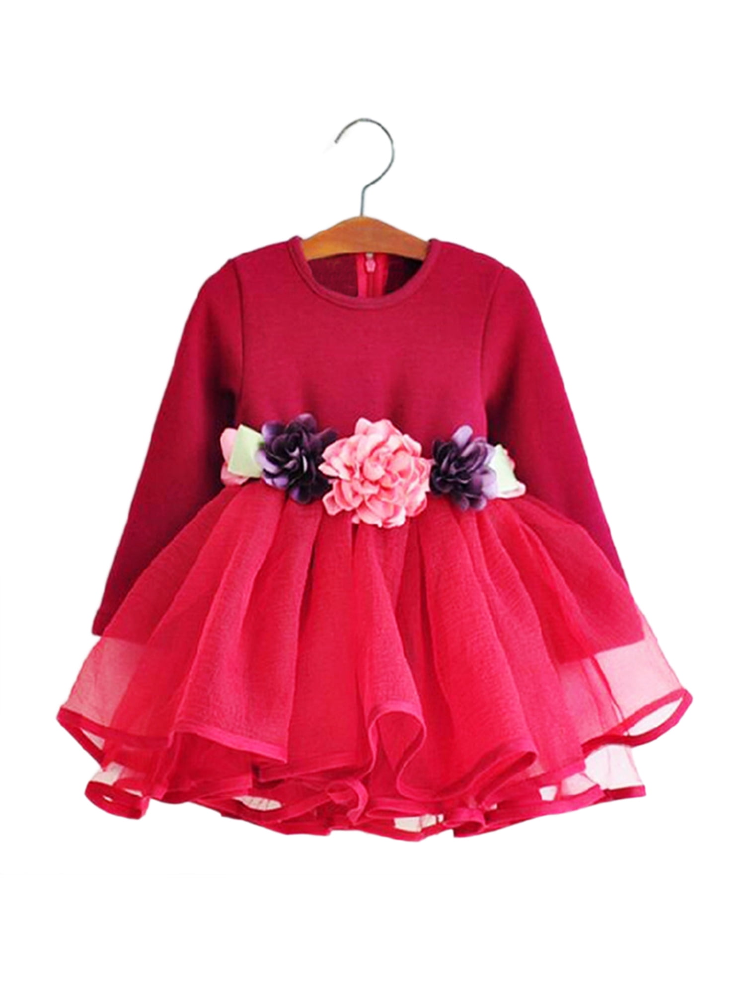 StylesILove Kids Toddler Flower Waist Fluffy Girl Dress (3-4 Years, Red ...