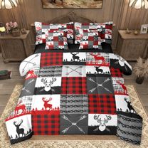 Manfei Wild Moose Deer Bedding Comforter Set 7pcs, Rustic Lodge Cabin Farmhouse King Bedding Sets, Red Gray White Plaid Checkered Bed Sheets, Luxury Bedroom Decor