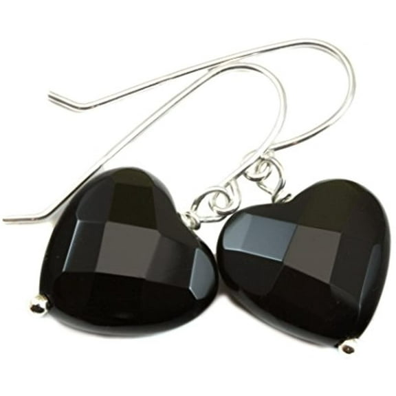 Sterling Silver Onyx Earrings Black Faceted Heart Shape Simple Everyday Drops 1.2" Designed for Adult Women
