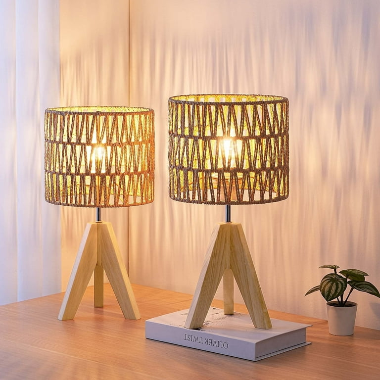 EDISHINE Pack Small Bedside Table Lamps, Solid Wood Tripod