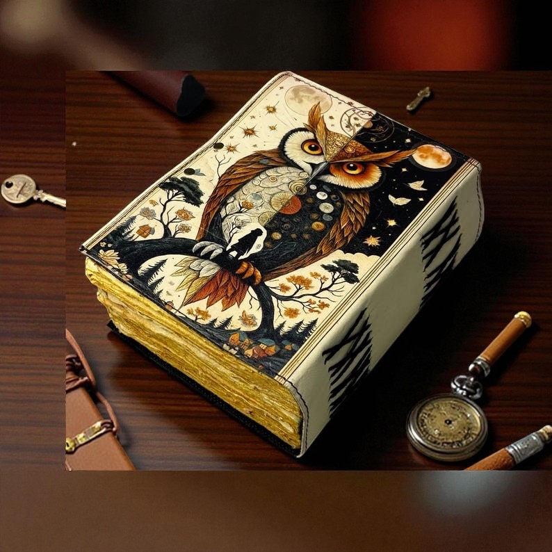 Owl Leather Journal – Gothic Grimoire Book of Shadows – size 5x7 Inch | 200 Pages Handmade Paper | Locking Diary |