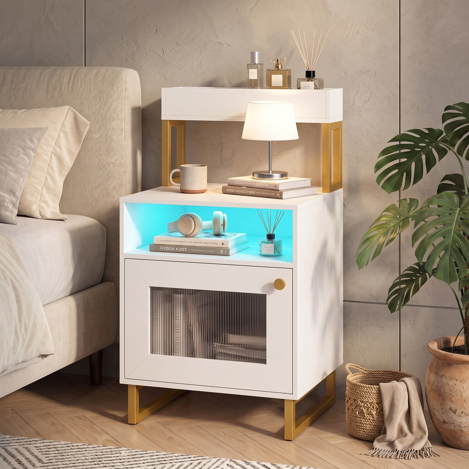 Furnibear Nightstand with LED Lights and Fluted Glass Cabinet Door plus Open Compartment and Raised Display Shelf for Bedroom and Living Room, White