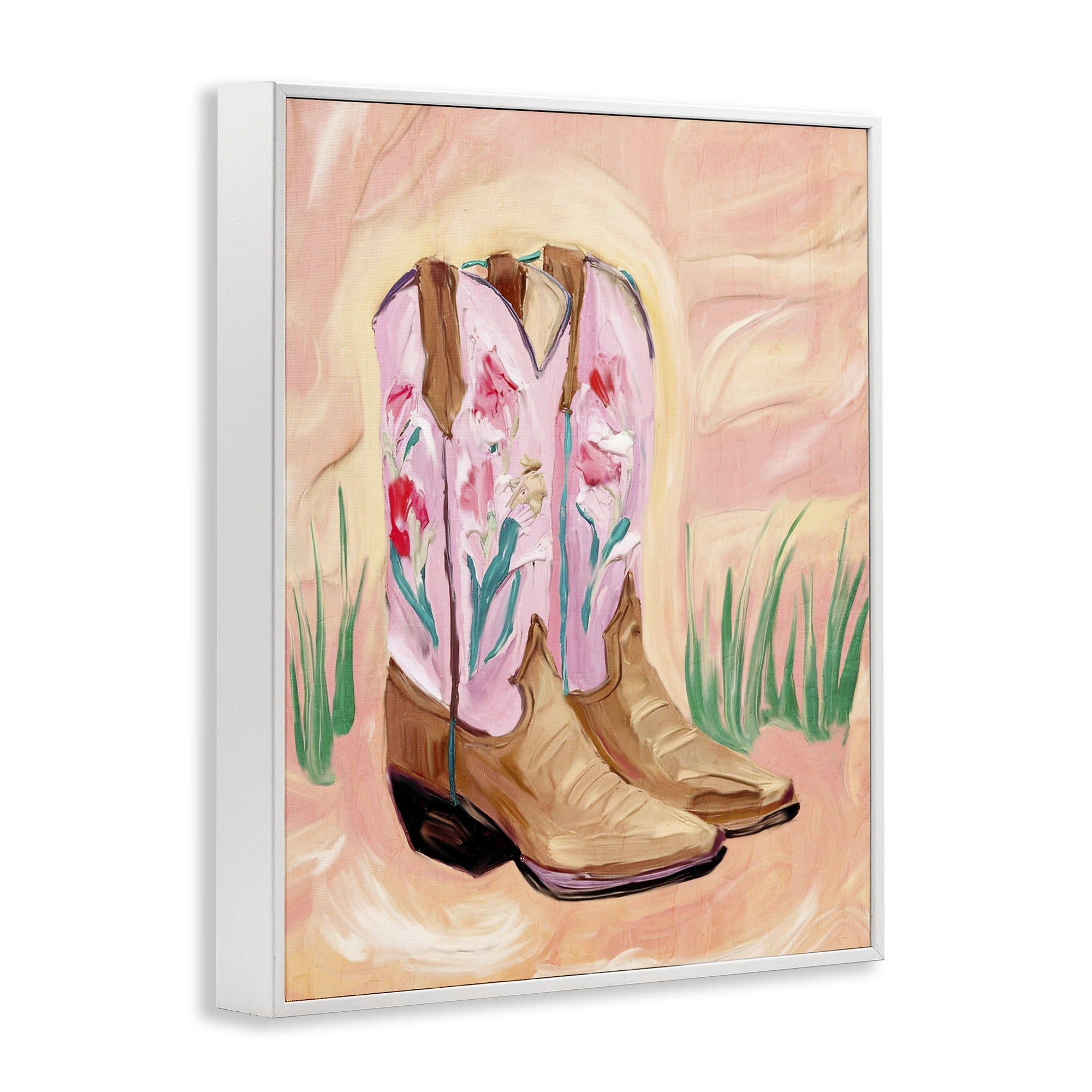 Floral Pinks Boots White Framed Giclee Art, design by Kim Allen