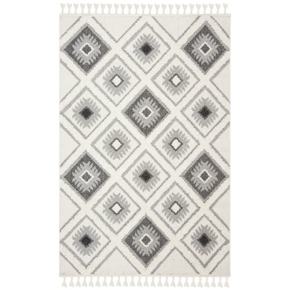 SAFAVIEH Moroccan Tassel Shag Elsie Moroccan Geometric Area Rug, Ivory/Grey, 5'3" x 7'6"