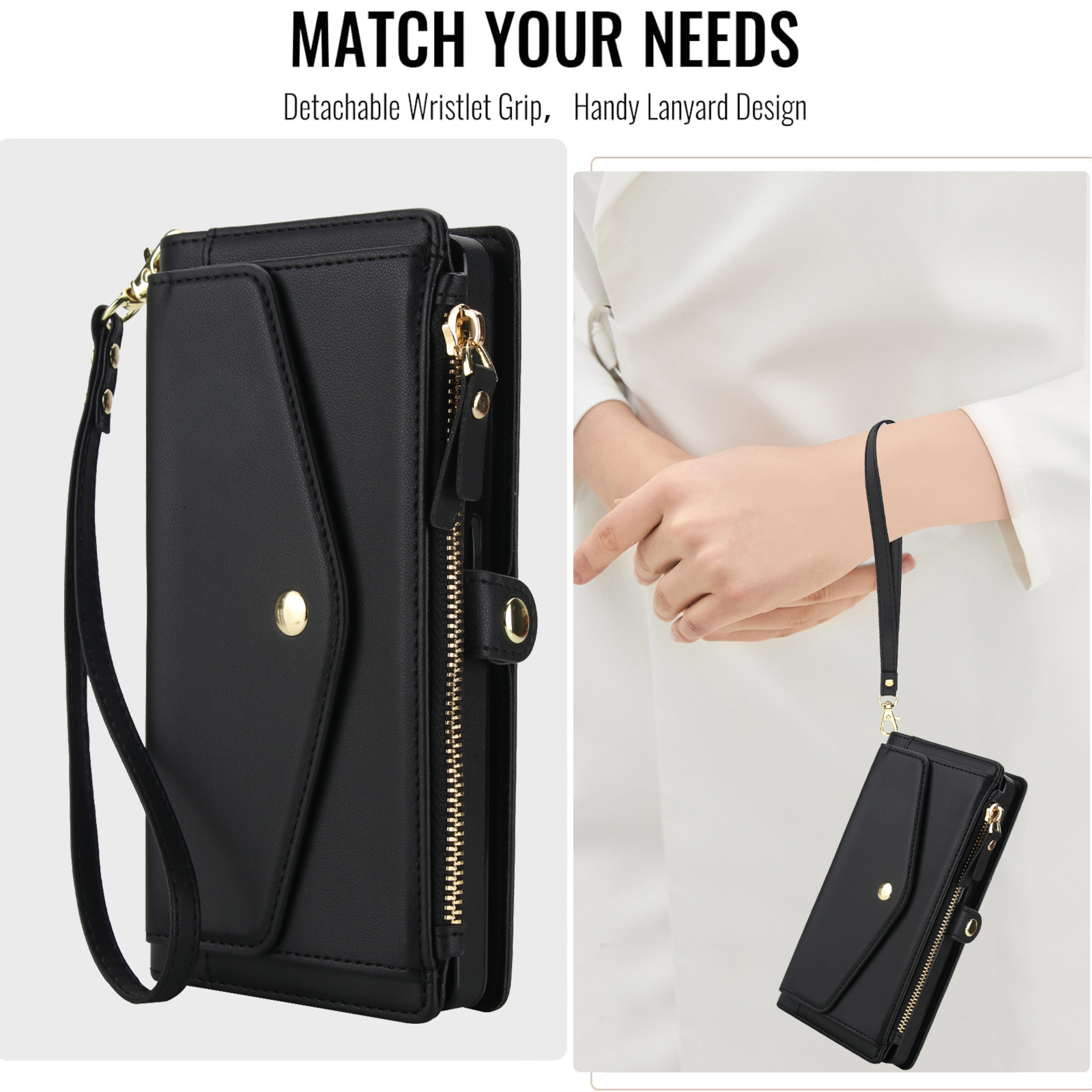 Designed for Samsung Galaxy S24 FE Multi-Function Wallet Phone Case,With Shoulder Strap&Wrist Strap,Cash Pocket&Card Slots,Zipper Purse,Magnetic Detachable PU Leather Flip Phone Case,Black