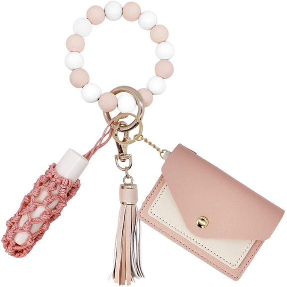 DESIGNICE Silicone Key Ring Bracelets Wristlet Keychain Wallet with Net Chapstick Holder for Women Key Wristlet