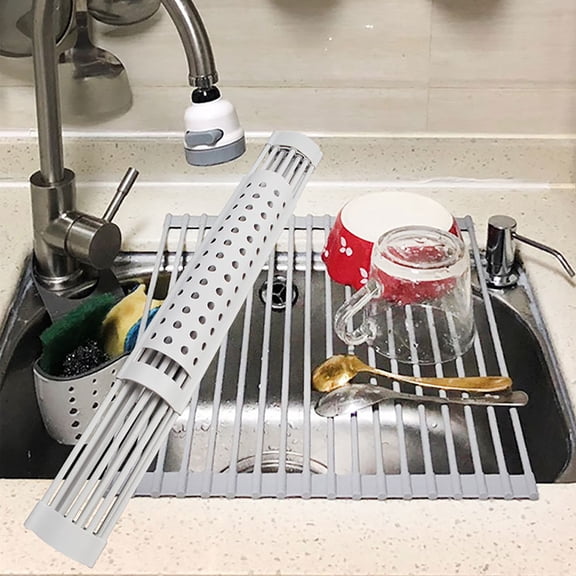 Extra Large Expandable Roll Up Dish Drying Rack, Over Sink Collapsible Drain Board with Foldable Sink Cover, Removable Utensil Holder Non-Slip Silicone for Kitchen Counter