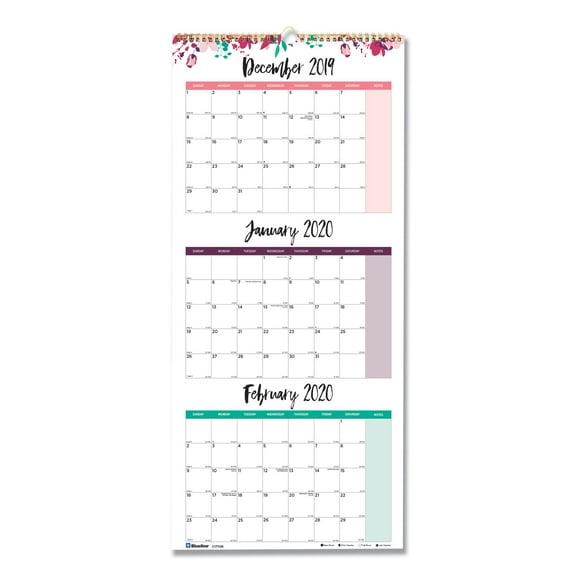 Blueline 3-Month Wall Calendar, 12.25" x 27", Floral, 2021, C171129