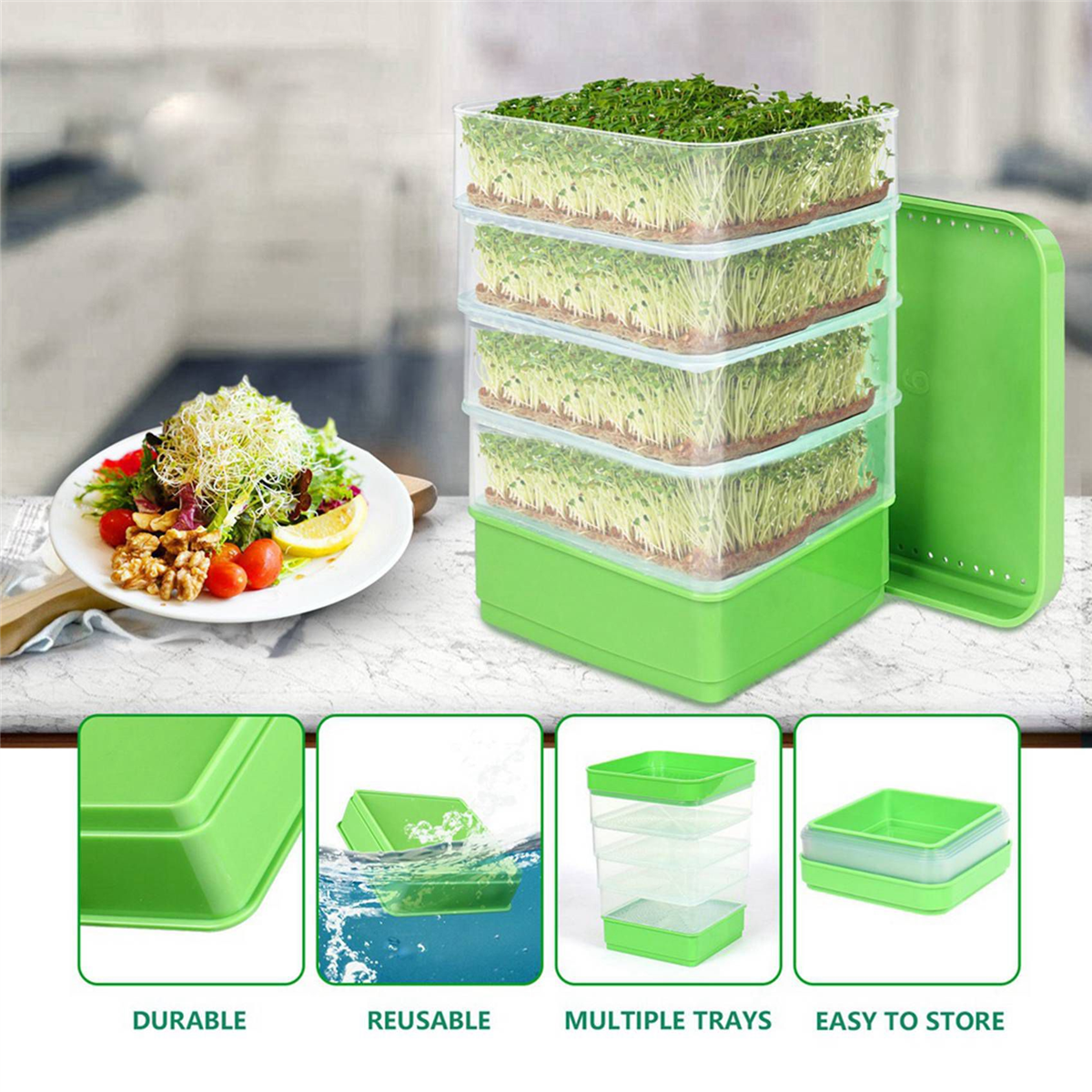 2X Bean Seed Germination Kit, Micro-Green Plant Growing Tray, Drain Four-Tier Stackable Sprout Kit