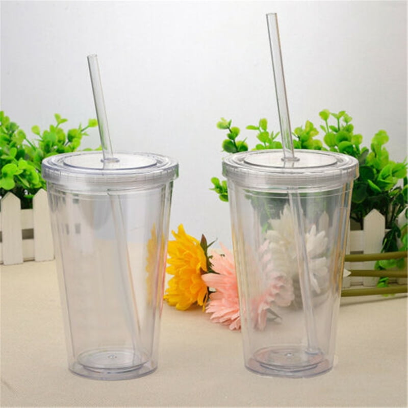 4 Pack 16oz Clear Double Wall Acrylic Tumbler Cup with Lids & Straws BPA-Free 
