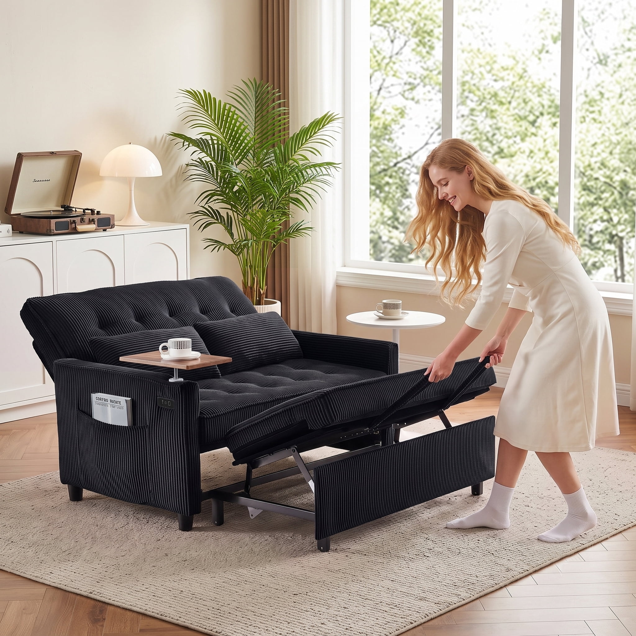 AISWORD 55" 3-in-1 Convertible Sleeper Sofa Bed, Pull Out Loveseat Couch with Side Tray Table & USB Charging Port, Adjustable Backrest Sofa for Apartment, Bedroom, Office, Black