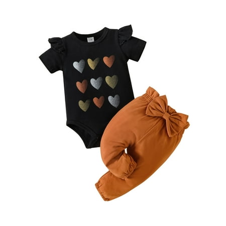 

WUXIAN Toddler Girls Ruffles Short Sleeve Heart Printed Romper Bodysuit Pants Outfits Baby Trousers Children Comfort Dailywear