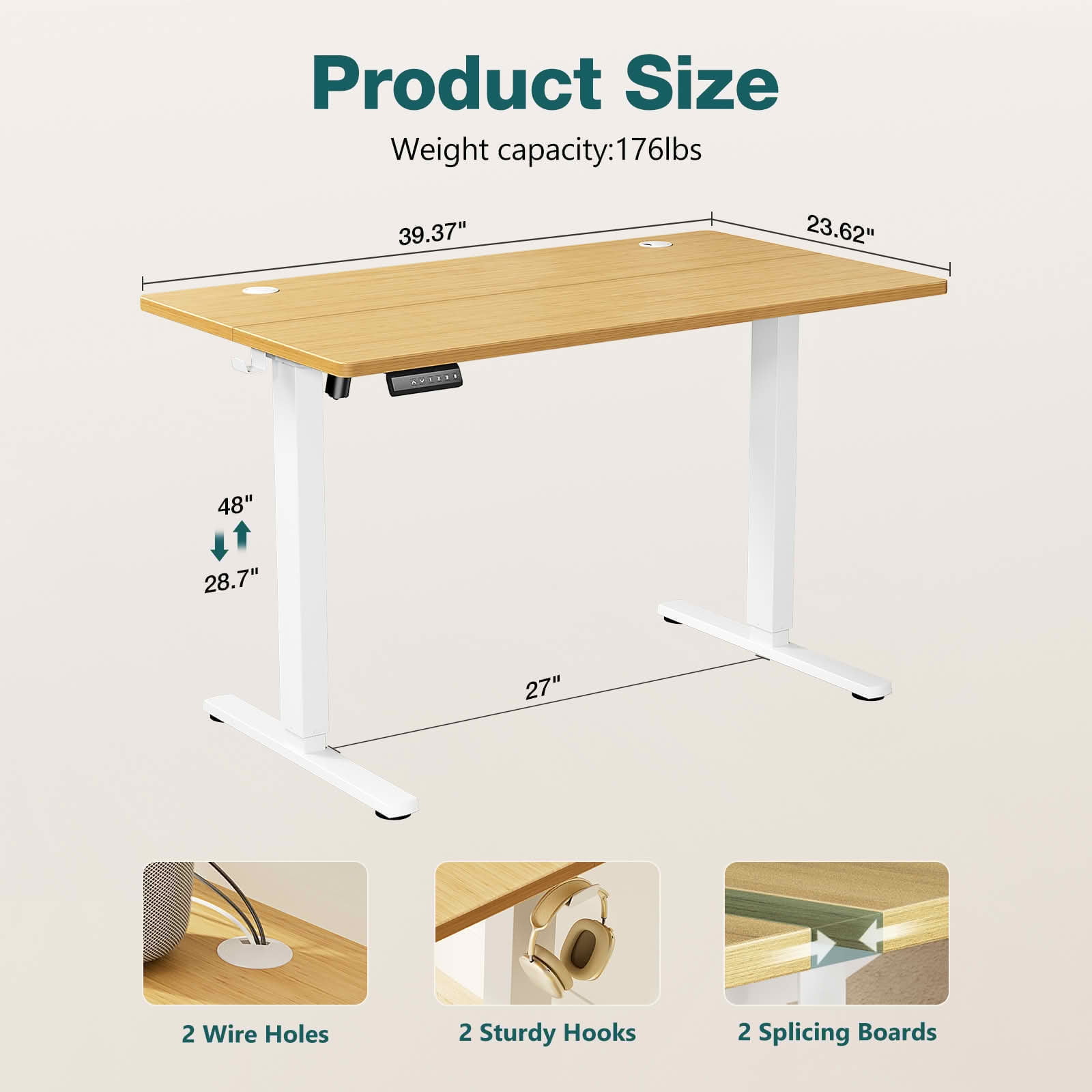 MAYEERTY 40x24 Ergonomic Height Adjustable Desk, T-Shaped Metal Bracket, Computer Workstation, Oak