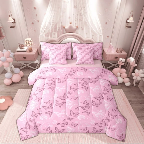 Manfei Princess Butterfly Twin Bedding Sets 7-Piece, Flower Floral Print Bedding Comforter Set, Teen Kid Girl Female Adult Reversible Sheet Sets, Luxury Bedroom Decor