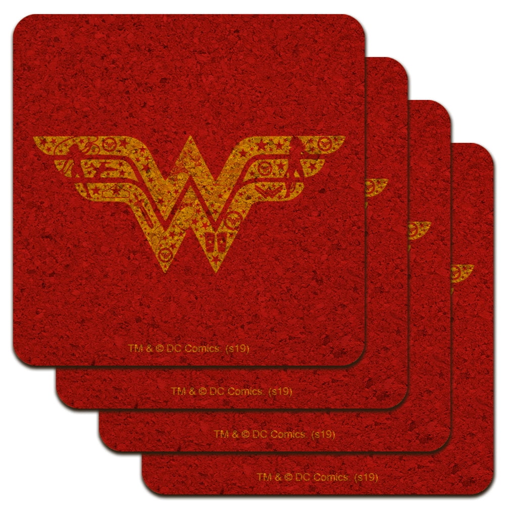 Wonder Woman 'Wonder Mom' Cork Coaster Set - 4 Pack, 4x4 Inches, Low Profile & Absorbent