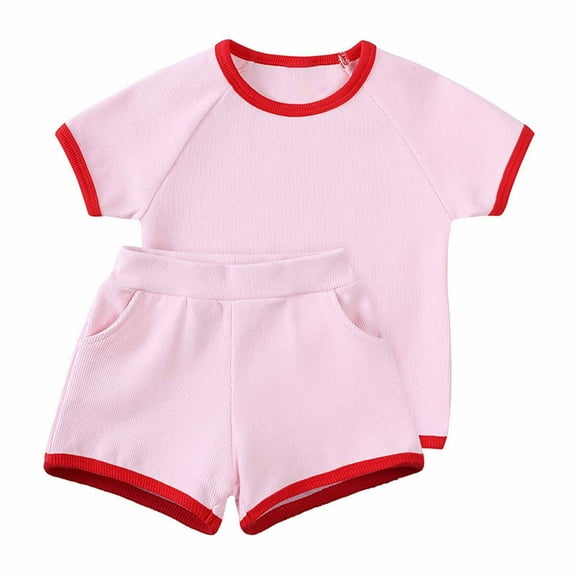 Odeerbi Toddler Two-piece Set Boys Summer Outfits Baby Clothes Kids 2025 Casual Solid Short Sleeve Crepe Gauze T-shirt Shorts Set Pink - Cotton