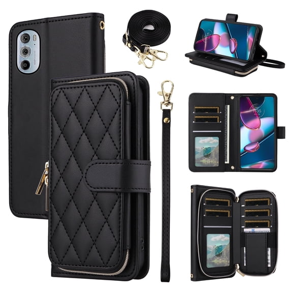 Furiet Argyle Wallet Case for Motorola Edge Plus 2022/Edge X30/30 Pro with Wrist/Shoulder Strap Card Slots Zipper Purse, Luxury PU Leather Stand Phone Cover for Moto Edge 5G UW Women Black