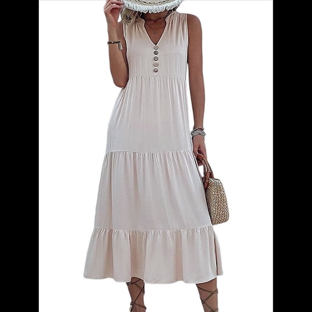 Vestido Informal para Mujer, Sin Mangas, Cuello en V, Botones, para Playa, con Volantes Escalonados, Falda , Vestidos Midi. Albaricoque S