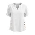 thumbnail image 6 of VBVC Women's Cotton-Linen V-Neck Blouse, Ladies' Rolled Cuff Short Sleeve Side Shirt, Button Detail Summer Tunic Top For Women,White,S-2XL, 6 of 7