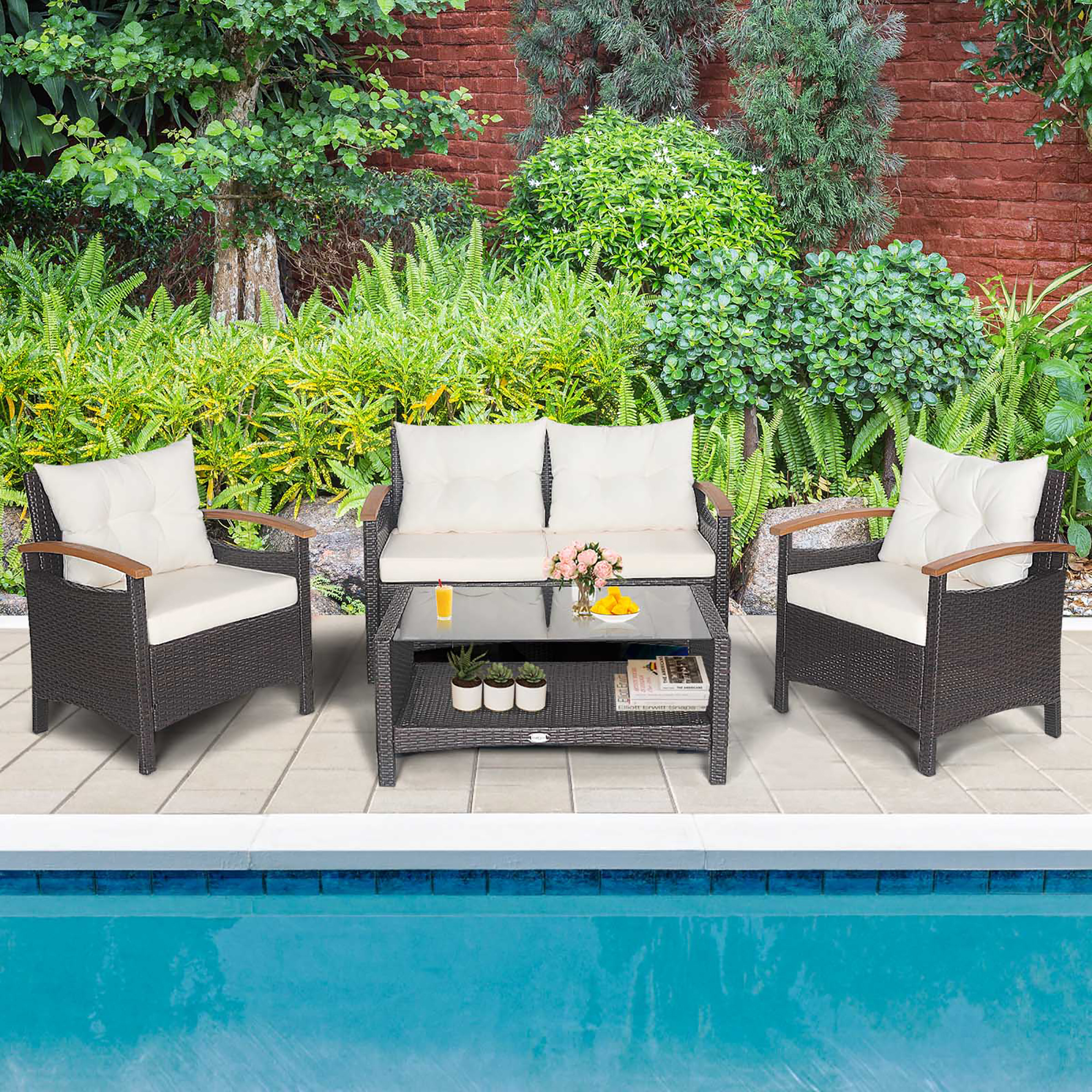 Costway 4PCS Patio Rattan Conversation Set Cushioned Sofa Storage Table Off White