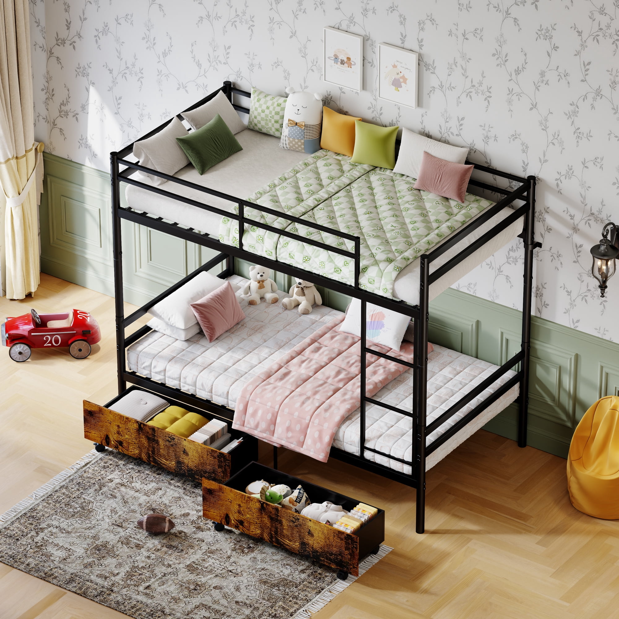 Leumius Twin Over Twin Metal Bunk Bed Frame with 2 Storage Drawers on Wheels, Heavy Duty Bunk Bed with Full-Length Guardrail & Side Ladder, No Box Spring Needed,Black
